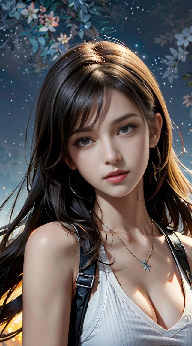 Art Station Trends, CGSociety Trends, Complex, Attention to detail, Sharp focus, dramatic, Starry Sky, Tifa Lockhart in Final Fantasy, Tifa's Original Costume Final Fantasy 7, Age 25, Mature Appearance, Along the way and realistic drawing art by Greg Rutkowski, sketch, Tabletop, Highest quality, Very detailed, 1 Female, Half Body, Head to Bust Image Scope, Portrait Goals, Close-up shot, White tank top and black leather skirt, Standing position, Beautiful and detailed eyes, Cute Face, bust, Big Boss, Beautiful and delicate features, Gray Hair, (Botanical illustration: 1.5), No exposure to pornography, Your breasts will get bigger, (Browsing Caution:1.5)