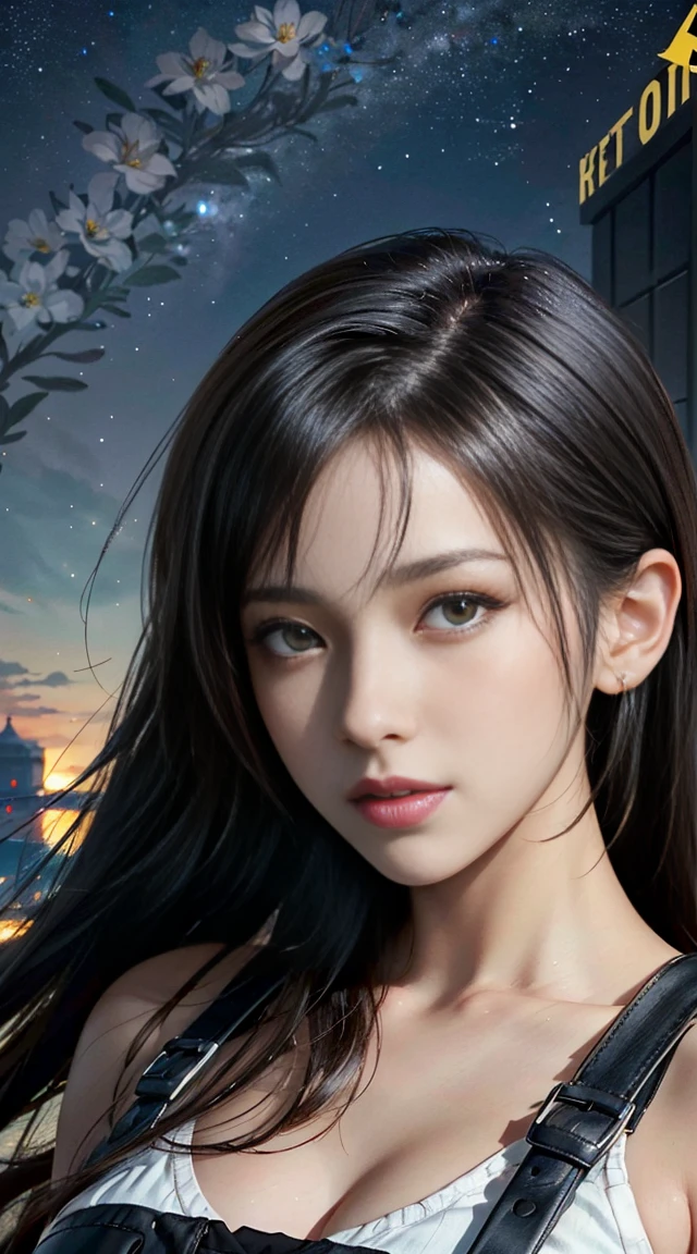 Art Station Trends, CGSociety Trends, Complex, Attention to detail, Sharp focus, dramatic, Starry Sky, Tifa Lockhart in Final Fantasy, Tifa's Original Costume Final Fantasy 7, Age 25, Mature Appearance, Along the way and realistic drawing art by Greg Rutkowski, sketch, Tabletop, Highest quality, Very detailed, 1 Female, Half Body, Head to Bust Image Scope, Portrait Goals, Close-up shot, White tank top and black leather skirt, Standing position, Beautiful and detailed eyes, Cute Face, bust, Big Boss, Beautiful and delicate features, Gray Hair, (Botanical illustration: 1.5), No exposure to pornography, Your breasts will get bigger, (Browsing Caution:1.5)