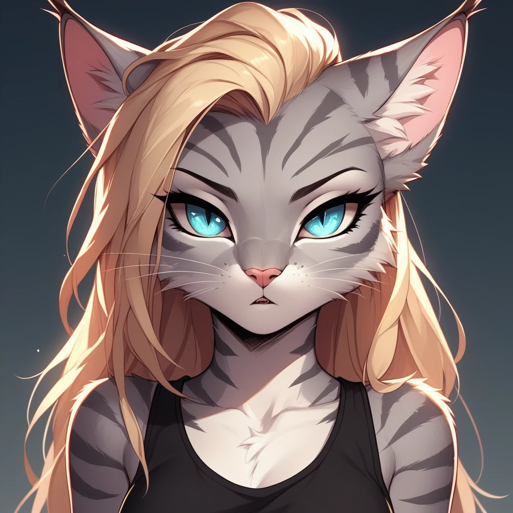 score_9,score_8_up,score_7_up, score_6_up, score_5_up, source_cartoon, flat colors, no shading, Kat, Anthro furry feline, silver fur, grey stripes on body, blue eyes, long blonde hair, undercut hair, pink nose, :3, wearing black tank top, exaggerated expression, upper body shot, mouth open, talking, eyes half open, jitome, expressionless, looking at viewer, cowboy shot, upper body shot, bored,