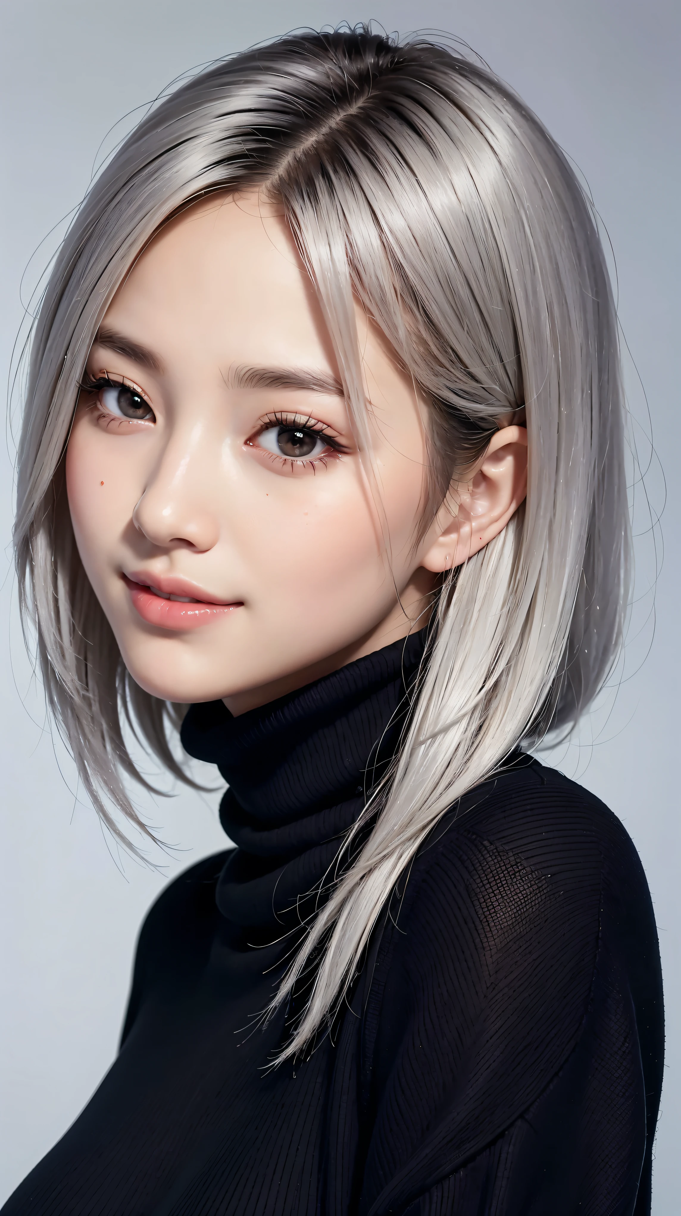 realisitic, work of art, highest quallity, higher resolution, A portrait depicting only the upper body of a Japanese woman, A happy smile, slightly turned to the side, definitely looking at the public, beautiful detailed eyes, eyes black, (hidden creased eyelids:1.2), tthin eyebrows, Draw the eyelashes carefully, Make-up natural, medium hair, silver hair, face detailed, Thick short sweater with high throat