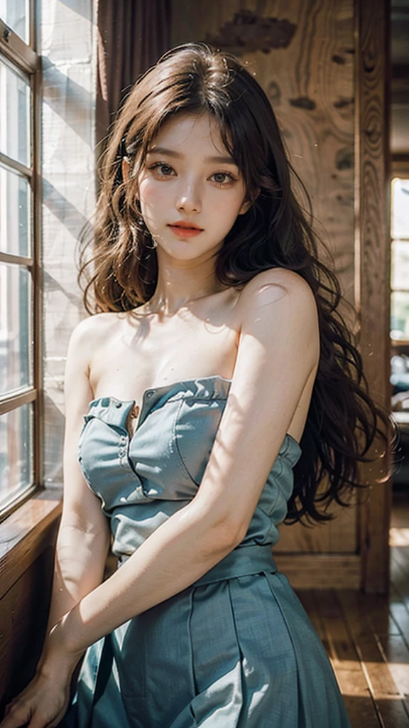detailed background, masterpiece, best quality, 1 person , curly hair, long hair, purple eyes, star in eye , cyan Strapless blouse, long skirt, cute different poses, indoor wood furniture , upper body