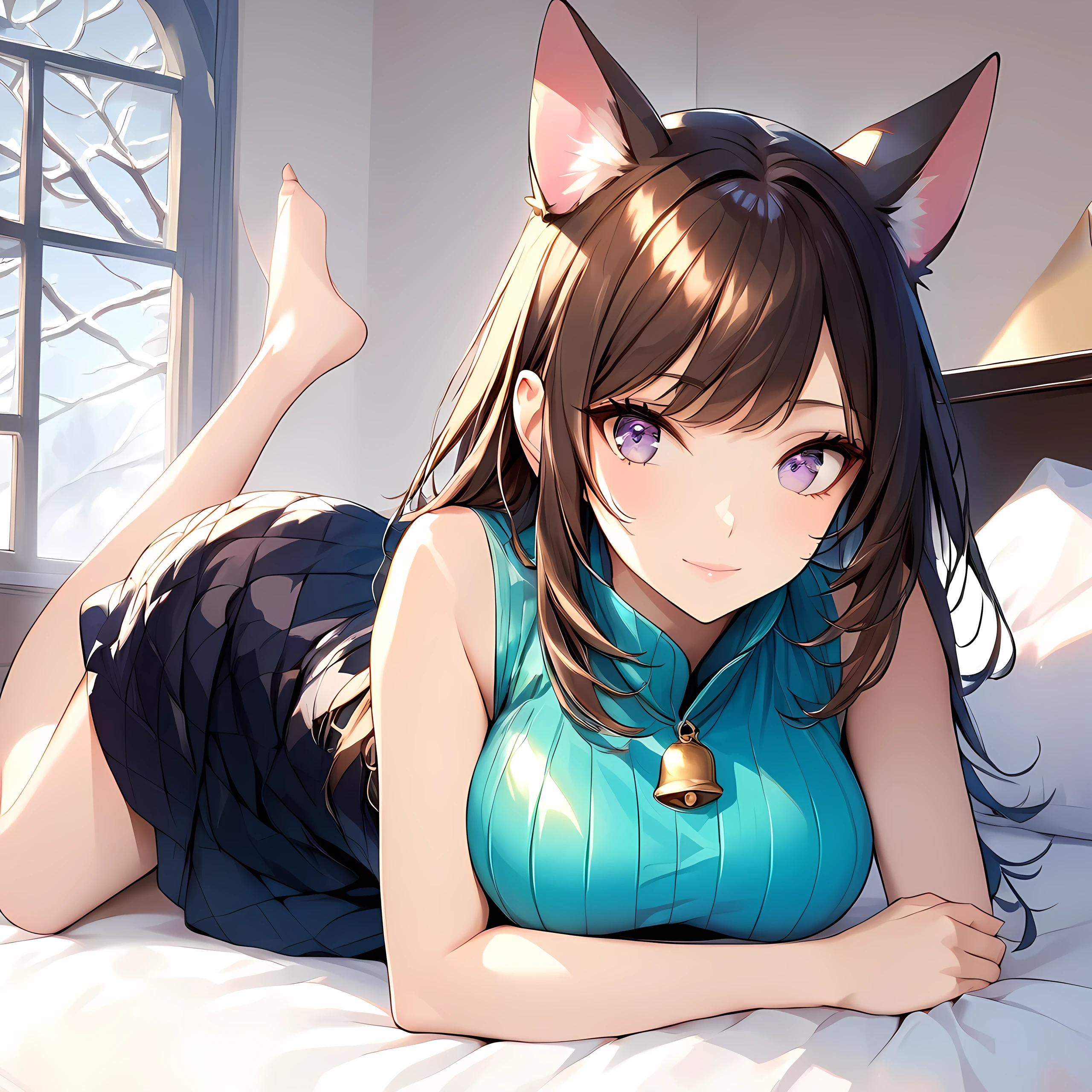 1 girl, human, (full body), ((Masterpiece, high quality, HD, High Details)), Bell Shape breasts (Narrower at the top and fuller at the bottom, resembling a bell), background: winter, inside home, on bed, Lying on stomach, one leg bent at the knee, looking at viewer, slightly smile, Eyes: Almond-shaped, dark brown, Nose: Small and slightly upturned, Lips: Full, rosy pink, Hair: Long, wavy, black, Skin Tone: Fair with a pink undertone, Eyebrows: Thick and gently arched, Cheekbones: High and defined, Chin: Rounded, Ears: Small and close to the head((no animal ears)), Expression: Serene and thoughtful, wearing (Quilted puffer dress).