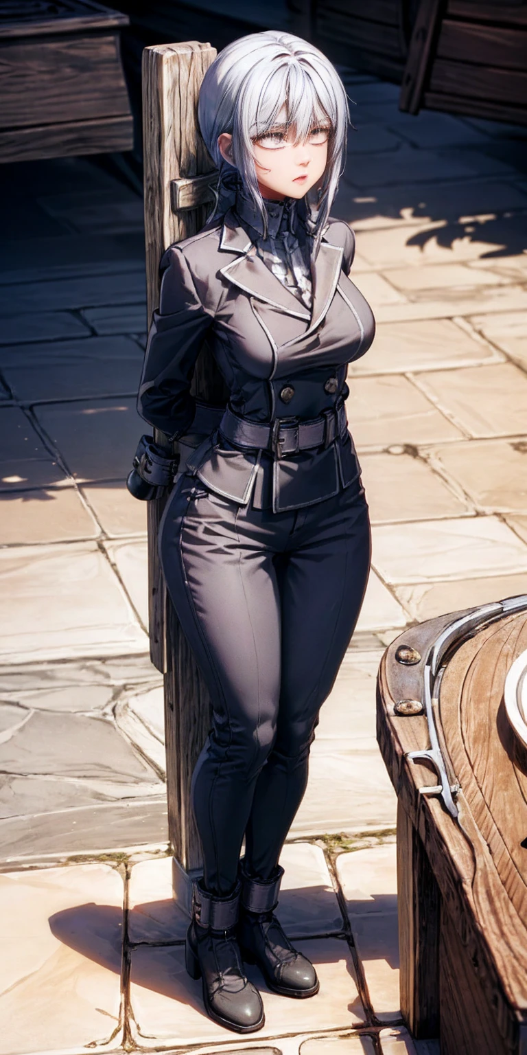 (Masterpiece, best quality, intricate details, 1sologirl) iron collar, arms behind back, iron cuffs, shackles, bound ((standing by wooden pole:1.2)) looking from above happy closed mouth