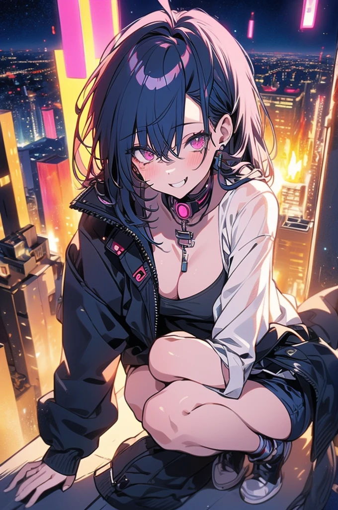 Highest quality, masterpiece, Ultra-high resolution,A woman standing on top of a building overlooking the city at night,Neon Town, cyber punk vibe, cyber punk art style, cyber punk vibes, digital cyber punk - anime art, cyber punk themed art, cyber punk anime art, digital cyber punk anime art, in cyber punk style, cyber punk artstyle, has cyber punk style, anime cyber punk art, in cyber punk city, cyber punk art, cyber punk))), cyber punk style, style of cyber punk