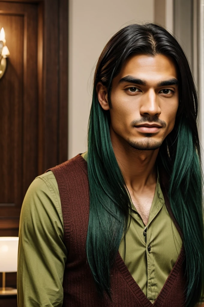 A man, with shoulder-length hair and green tips, defined cheekbones with veneers, slanted eyes, big lips, bushy eyebrows