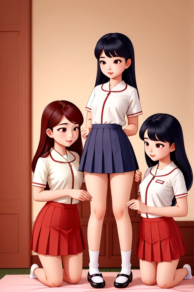 group of asian girls together, ((bottomless)), bare,bottom, liftt up skirts, unzipping, holding each other, bottoms, lift skirts, korean uniforms, korea,  (masterpiece, high quality, best quality intricate, detailed),  