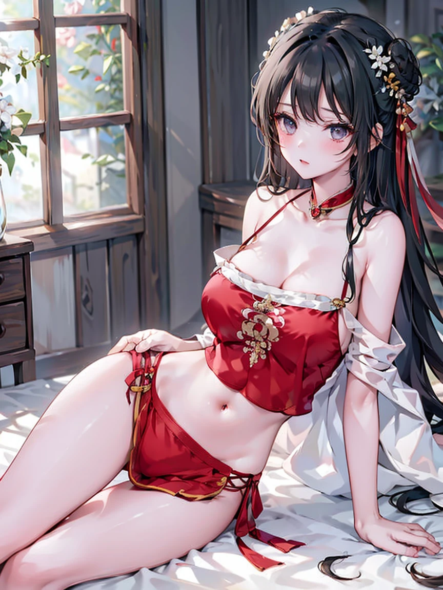 (masterpiece, best quality) ,1gril,whole body,sit,Long legs,Pink bed,Off-shoulder,cleavage,medium breasts,cute face,((Low Angle)),((permanent)),black hair,,long hair,shidudou,