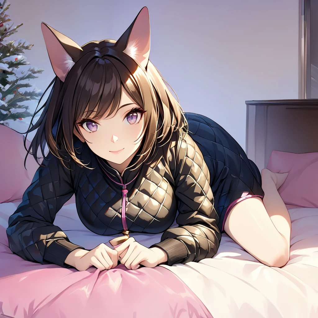 1 girl, human, (full body), ((Masterpiece, high quality, HD, High Details)), Bell Shape breasts (Narrower at the top and fuller at the bottom, resembling a bell), background: winter, inside home, on bed, Lying on stomach, one leg bent at the knee, looking at viewer, slightly smile, Eyes: Almond-shaped, dark brown, Nose: Small and slightly upturned, Lips: Full, rosy pink, Hair: Long, wavy, black, Skin Tone: Fair with a pink undertone, Eyebrows: Thick and gently arched, Cheekbones: High and defined, Chin: Rounded, Ears: Small and close to the head((no animal ears only human ears)), Expression: Serene and thoughtful, wearing (Quilted puffer dress).