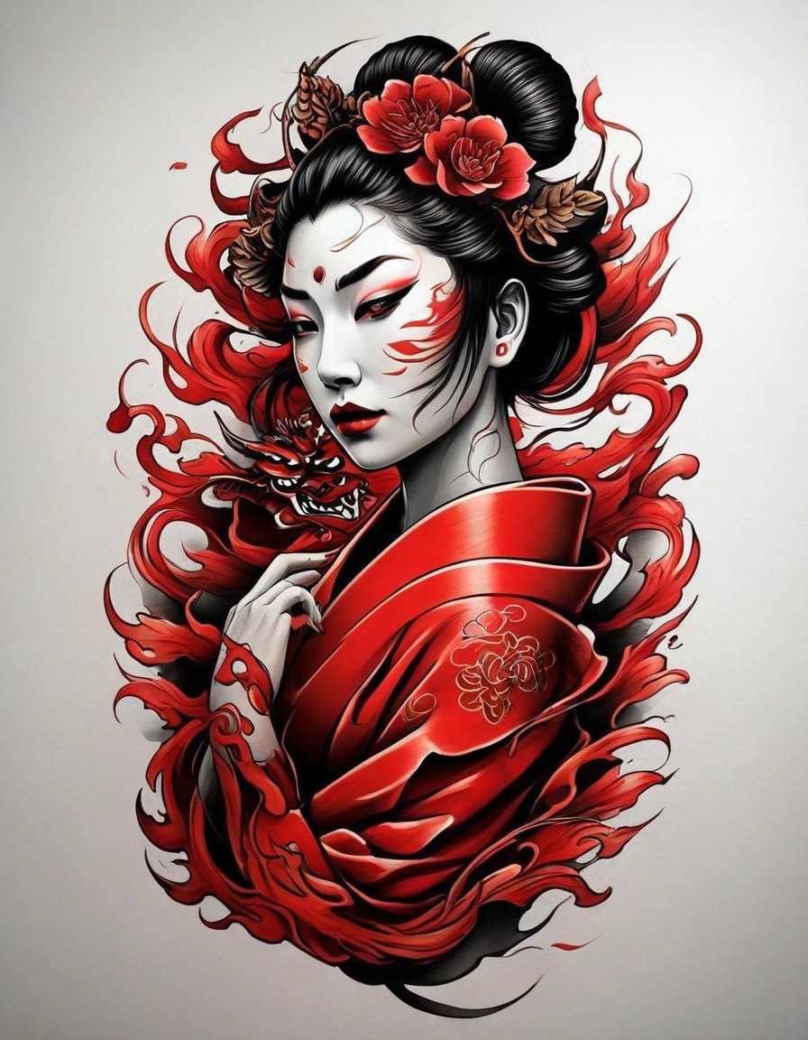 ((creative illustration of a tattooed geisha with Red Hannya mask)), She is wearing hannya mask, autumn leaves effects, Japanese writing, fantasy style by dan mumford, frank franzetta, sketch, white, bright colors, logo style, negative space, (Unity 16K Wallpaper, masterpiece, Best Quality, high quality, Ultra-detailed, extremely details), ((creative illustration of a tattooed geisha with Red Hannya mask)), She is wearing hannya mask, autumn leaves effects, Japanese writing, fantasy style by dan mumford, frank franzetta, sketch, white, bright colors, logo style, negative space, 