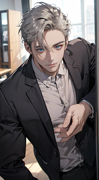 (best quality,4k,8k,highres,masterpiece:1.2),ultra-detailed,(realistic,photorealistic,photo-realistic:1.37),1 man,31 years old,mature man,very handsome,without expression,smile,short grey hair,blue eyes,penetrating gaze,perfect face without errors,imposing posture,businessman,office background,cinematic lighting,hdr image