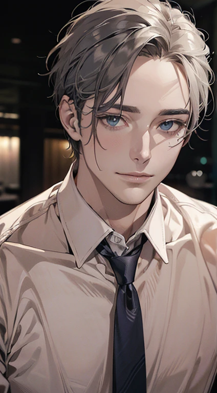 (best quality,4k,8k,highres,masterpiece:1.2),ultra-detailed,(realistic,photorealistic,photo-realistic:1.37),1 man,31 years old,mature man,very handsome,without expression,smile,short grey hair,blue eyes,penetrating gaze,perfect face without errors,imposing posture,businessman,office background,cinematic lighting,hdr image