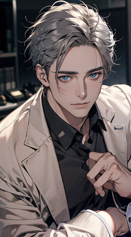 (best quality,4k,8k,highres,masterpiece:1.2),ultra-detailed,(realistic,photorealistic,photo-realistic:1.37),1 man,31 years old,mature man,very handsome,without expression,smile,short grey hair,blue eyes,penetrating gaze,perfect face without errors,imposing posture,businessman,office background,cinematic lighting,hdr image