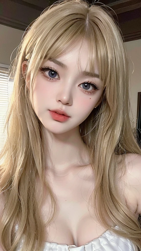 (((ultra realistic))) Photo, masterpiece, top quality, (pale skin), (Ultra detailed face and eyes:1.3), 1 girl, full body, ((full detailed pouty lips)), ((dark blonde wavy hair)), (Natural breasts), Slim waist. ((Posing)), photoshoot, studio (soft lighting), (The play of light and shadows), (special attention to skin detail: 1.2), ((blunt bangs 1.2)), ((very long blonde hair)), ((big cat upturned eyes)), ((Korean Girl)), ((heart shaped face)), ((short chin)), ((v-shaped jawline)), wearing a white dress, ((pale white almost traslucent skin)), ((light brown eyes color)), ((tiny button upturned nose)), ((long eyelashes 1.3)), ((detailed eyes texture 1.3))