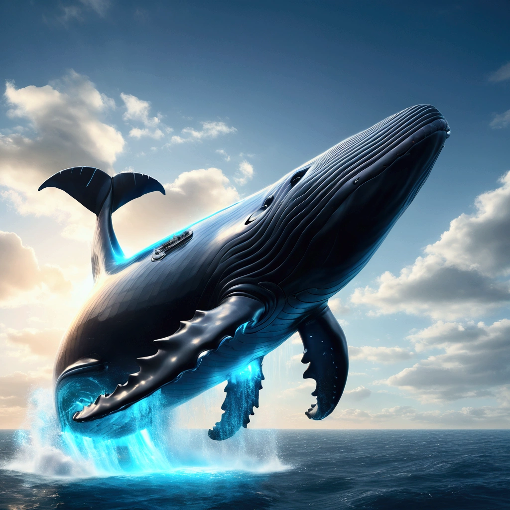 Flying Whale, mechanical whale, large winged whale, jet engine, (glowing Whale:1.4), from side, blue sky, cinematic angle, realistic, hyper-realistic, photorealistic, (best quality,4k,8k,highres,masterpiece:1.2),ultra-detailed,(realistic,photorealistic,photo-realistic:1.37),vivid colors,dramatic lighting,