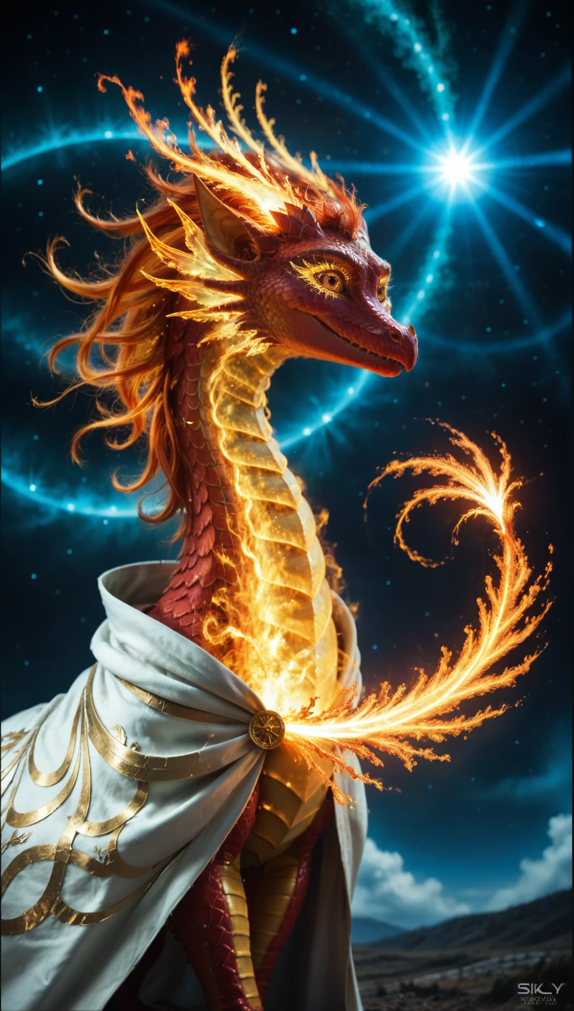 (zPDXL2), score_9_up, (masterpiece, top quality, best quality, official art, beautiful and aesthetic:1.2), (1girl), extreme detailed eyes, (fractal art:1.3), colorful, highest detailed, (perfect face), shiny skin, HDR, (white cloak golden lines:1.2), galaxy, (light streaks), striking visuals, (dynamic streaks, luminous trails:1.2), vibrant colors, (phoenix), (dragon), AissistXLv2, unaestheticXL_bp5, SimplePositiveXLv2, zPDXL2 PonyXLV6_Scores