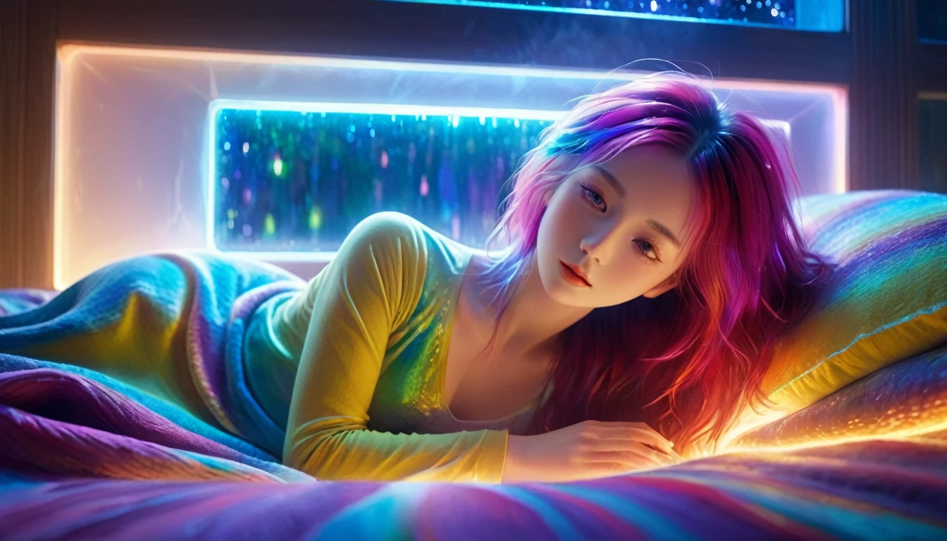 {{masterpiece}}, best quality, Extremely detailed CG unified 8k wallpaper, Movie Lighting,, A woman lies on a bed,Blankets and pillows nearby,Sleep with eyes closed,Big window behind, A quiet night. , multi color hair, (Colorful:1.5), (Colorful hair:1.5),