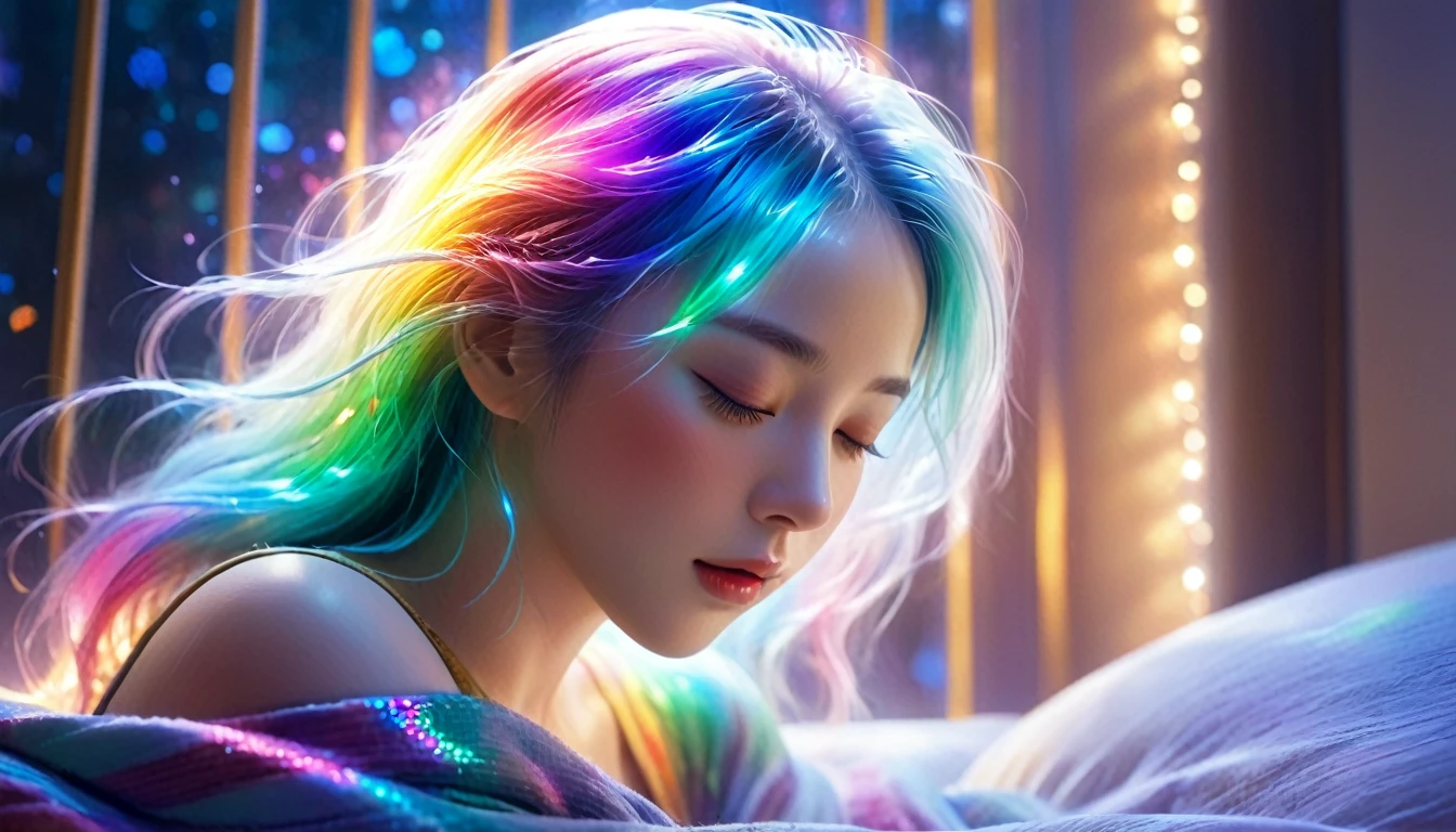 {{masterpiece}}, best quality, Extremely detailed CG unified 8k wallpaper, Movie Lighting,, A woman lies on a bed,Blankets and pillows nearby,Sleep with eyes closed,Big window behind, A quiet night. , multi color hair, (Colorful:1.5), (Colorful hair:1.5),
