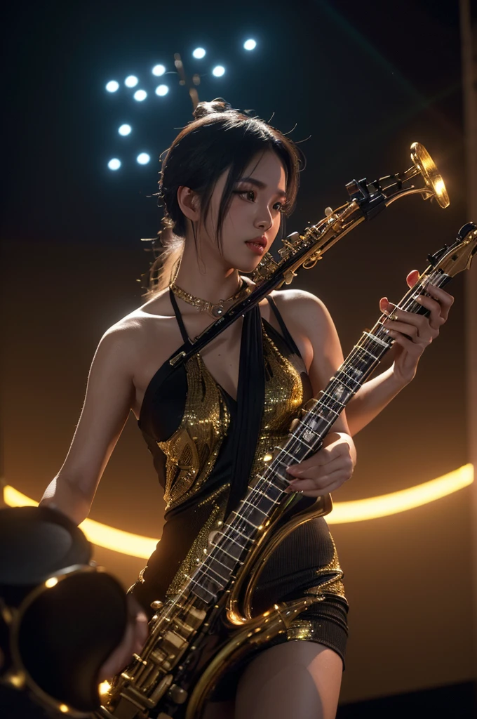 A jazz musician from indonesia plays the saxophone on a smoky club stage., (glowing intricate 3D graphics produce highly detailed octane 8k HDR UHD high quality professional unreal engine vray cinematic PS5 :1.3)