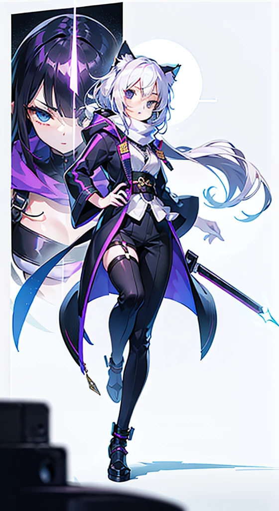 1 girl,Solitary,(Loli pictures),(((White hair))),(The flattest),Delicate face and beautiful eyes,Fine Hair,Extra long hair on the side),(Cat ear hood),One eye is covered by a hood,scarf,(White background 1::5),stereoscopic style,((Whole body love)),(Exquisite eyes),Leg strap,Purple and black cyberpunk jacket,Pants,Samurai sword,Lightning background