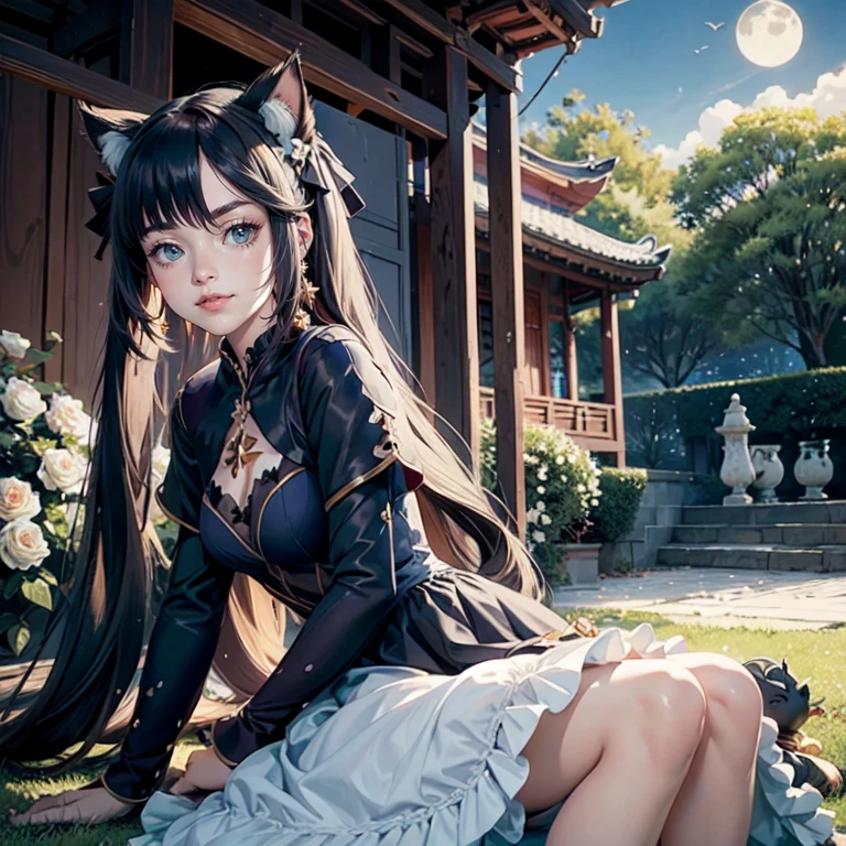 1girl, white roses, long hair, cat ears, roses on her hair, navy dress, short skirt, black hair, long hair, seat on the grass, garden scene, ****ta style of dress, gold lantern, navy dress, lace garter, more details on her clothes, golden details, night, smiling, chinese style, solo, alone, crystal, curtains, full moon on the sky, laces, frills, sparkles, navy clothes, seat on the grass, chinese architecture on the background, white roses on the floor, oriental garden scenery, solo, 1 girl