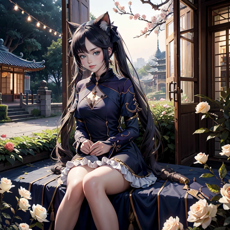 1girl, white roses, long hair, cat ears, roses on her hair, navy dress, short skirt, black hair, long hair, seat on the grass, garden scene, ****ta style of dress, gold lantern, navy dress, lace garter, more details on her clothes, golden details, night, smiling, chinese style, solo, alone, crystal, curtains, full moon on the sky, laces, frills, sparkles, navy clothes, seat on the grass, chinese architecture on the background, white roses on the floor, oriental garden scenery, solo, 1 girl