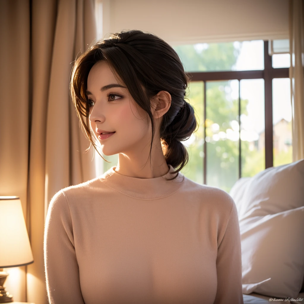a gorgeous milf with rosy cheeks, smiling shyly, medium length hair in ponytail, casual outfit, lover, private bedroom, dating, intimate, detailed face, beautiful eyes, lush lips, intricate hairstyle, warm lighting, soft focus, photorealistic, cinematic composition, romantic atmosphere, best quality, 4k, 8k, highres, masterpiece:1.2, ultra-detailed, realistic:1.37, HDR, UHD, studio lighting, ultra-fine painting, sharp focus, physically-based rendering, extreme detail description, professional, vivid colors, bokeh, portrait
