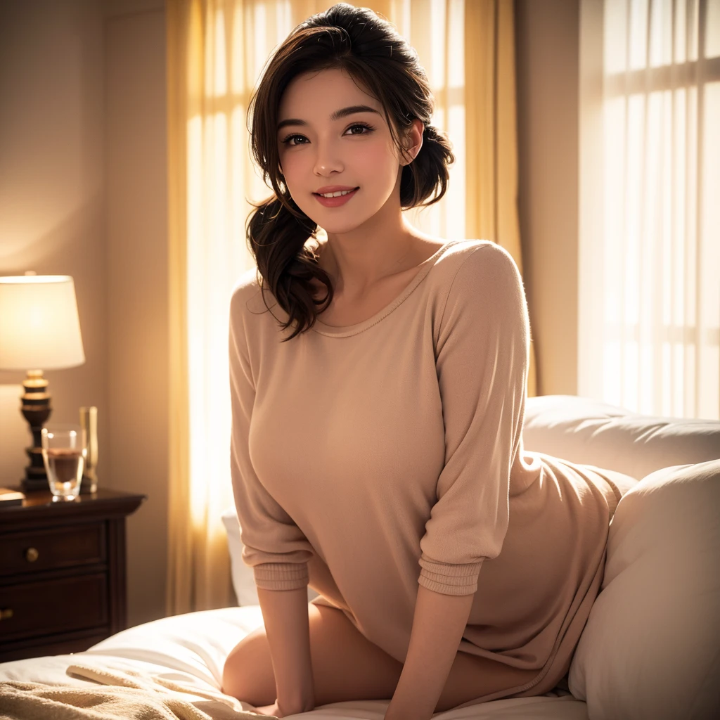 a gorgeous milf with rosy cheeks, smiling shyly, medium length hair in ponytail, casual outfit, lover, private bedroom, dating, intimate, detailed face, beautiful eyes, lush lips, intricate hairstyle, warm lighting, soft focus, photorealistic, cinematic composition, romantic atmosphere, best quality, 4k, 8k, highres, masterpiece:1.2, ultra-detailed, realistic:1.37, HDR, UHD, studio lighting, ultra-fine painting, sharp focus, physically-based rendering, extreme detail description, professional, vivid colors, bokeh, portrait