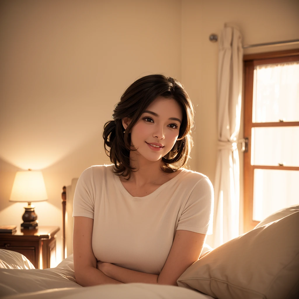 a gorgeous milf with rosy cheeks, smiling shyly, medium length hair in ponytail, casual outfit, lover, private bedroom, dating, intimate, detailed face, beautiful eyes, lush lips, intricate hairstyle, warm lighting, soft focus, photorealistic, cinematic composition, romantic atmosphere, best quality, 4k, 8k, highres, masterpiece:1.2, ultra-detailed, realistic:1.37, HDR, UHD, studio lighting, ultra-fine painting, sharp focus, physically-based rendering, extreme detail description, professional, vivid colors, bokeh, portrait