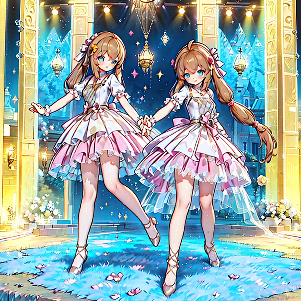 Solo, 1 girl, comical, kawaii, Blue eyes, light brown hair, long twintails, (princess dress), ((yellow princess dress 1.5)), open mouth smile, from back, mid shot, dance at the stage, neon and led lights, posing, sexy, high-resolution image, masterpiece, high quality, attractive eyes, full body, splash color