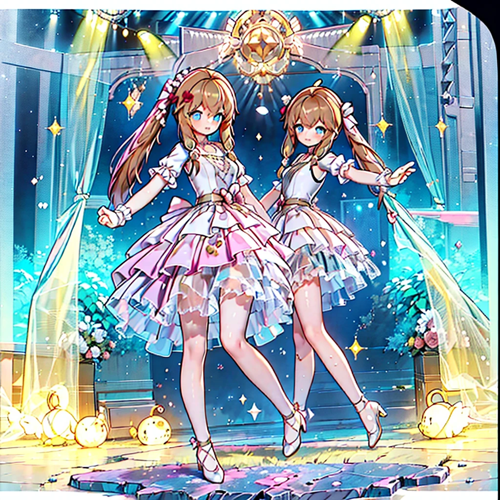 Solo, 1 girl, comical, kawaii, Blue eyes, light brown hair, long twintails, (princess dress), ((yellow princess dress 1.5)), open mouth smile, from back, mid shot, dance at the stage, neon and led lights, posing, sexy, high-resolution image, masterpiece, high quality, attractive eyes, full body, splash color