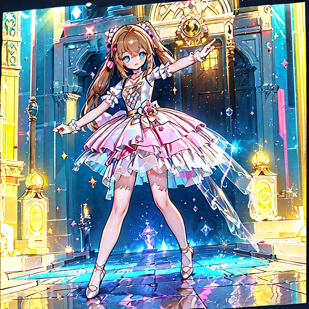 Solo, 1 girl, comical, kawaii, Blue eyes, light brown hair, long twintails, (princess dress), ((yellow princess dress 1.5)), open mouth smile, from back, mid shot, dance at the stage, neon and led lights, posing, sexy, high-resolution image, masterpiece, high quality, attractive eyes, full body, splash color