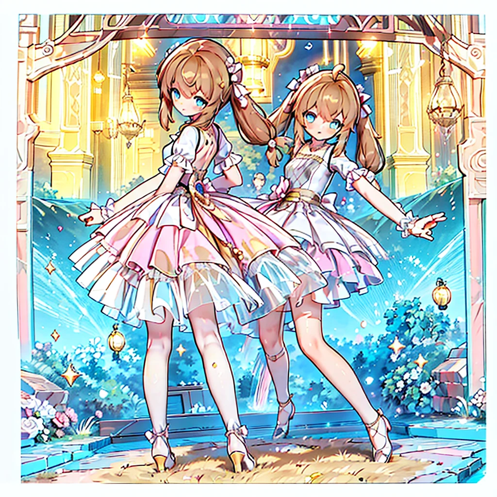 Solo, 1 girl, comical, kawaii, Blue eyes, light brown hair, long twintails, (princess dress), ((yellow princess dress 1.5)), open mouth smile, from back, mid shot, dance at the stage, neon and led lights, posing, y, high-resolution image, masterpiece, high quality, attractive eyes, full body, splash color