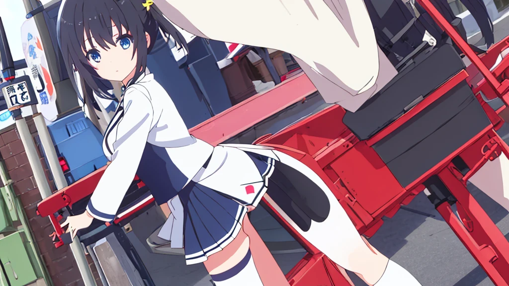 beautiful beautiful girl black uniform with miniskirt white stockings with black hair blue blue eyes on the japanese street akihabara swastika pink panties high quality details