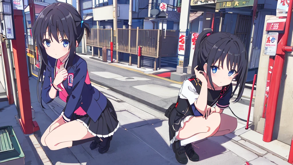 beautiful beautiful girl black uniform with miniskirt white stockings with black hair blue blue eyes on the japanese street akihabara swastika pink panties high quality details