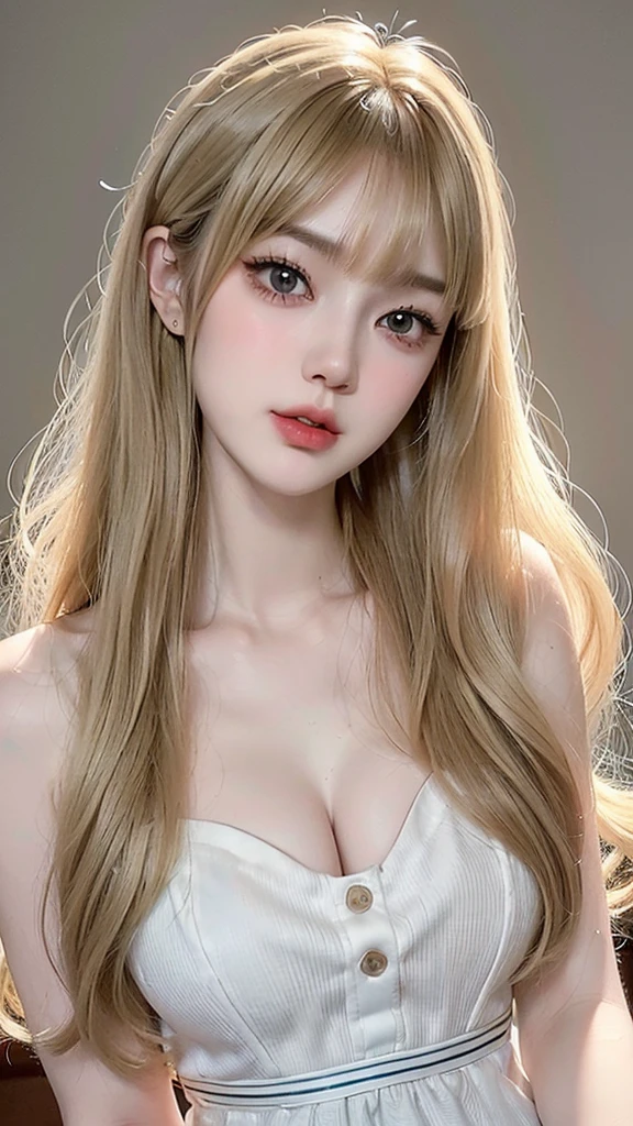 (((ultra realistic))) Photo, masterpiece, top quality, (pale skin), (Ultra detailed face and eyes:1.3), 1 girl, full body, ((full detailed pouty lips)), ((dark blonde wavy hair)), (Natural breasts), Slim waist. ((Posing)), photoshoot, studio (soft lighting), (The play of light and shadows), (special attention to skin detail: 1.2), ((blunt bangs 1.2)), ((very long blonde hair)), ((big cat round eyes)), ((Korean Girl)), ((heart shaped face)), ((short chin)), ((v-shaped jawline)), wearing a white dress, ((pale white almost traslucent skin)), ((light brown eyes color)), ((tiny button upturned nose)), ((long eyelashes 1.3)), ((detailed eyes texture 1.3))