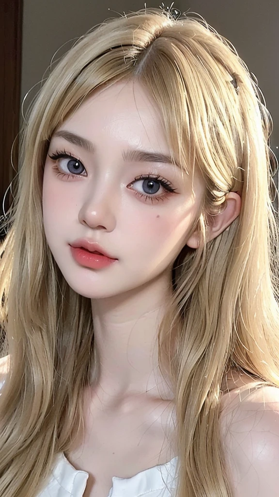 (((ultra realistic))) Photo, masterpiece, top quality, (pale skin), (Ultra detailed face and eyes:1.3), 1 girl, full body, ((full detailed pouty lips)), ((dark blonde wavy hair)), (Natural breasts), Slim waist. ((Posing)), photoshoot, studio (soft lighting), (The play of light and shadows), (special attention to skin detail: 1.2), ((blunt bangs 1.2)), ((very long blonde hair)), ((big cat round eyes)), ((Korean Girl)), ((heart shaped face)), ((short chin)), ((v-shaped jawline)), wearing a white dress, ((pale white almost traslucent skin)), ((light brown eyes color)), ((tiny button upturned nose)), ((long eyelashes 1.3)), ((detailed eyes texture 1.3))