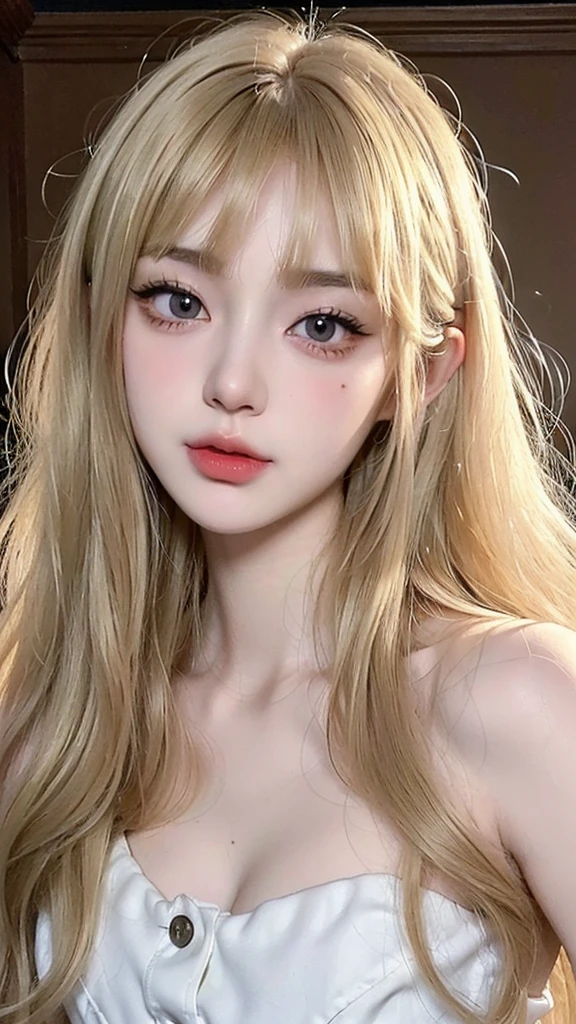 (((ultra realistic))) Photo, masterpiece, top quality, (pale skin), (Ultra detailed face and eyes:1.3), 1 girl, full body, ((full detailed pouty lips)), ((dark blonde wavy hair)), (Natural breasts), Slim waist. ((Posing)), photoshoot, studio (soft lighting), (The play of light and shadows), (special attention to skin detail: 1.2), ((blunt bangs 1.2)), ((very long blonde hair)), ((big cat round eyes)), ((Korean Girl)), ((heart shaped face)), ((short chin)), ((v-shaped jawline)), wearing a white dress, ((pale white almost traslucent skin)), ((light brown eyes color)), ((tiny button upturned nose)), ((long eyelashes 1.3)), ((detailed eyes texture 1.3))