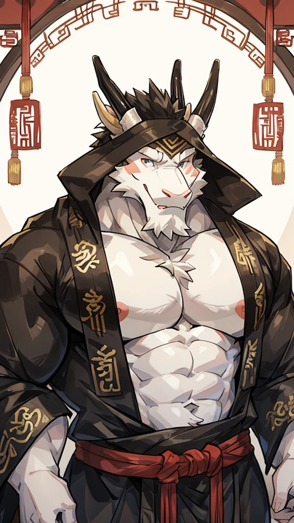 (white eastern dragon),furry,white mustache,big pecs,hearty males,muscular,black imperial robe,naked,adult,traditional_chinese_room,head portrait,hypnosis