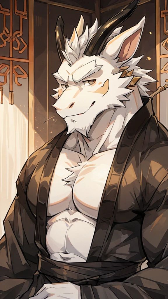 (white eastern dragon),furry,white mustache,big pecs,hearty males,muscular,black imperial robe,naked,adult,traditional_chinese_room,head portrait,hypnosis