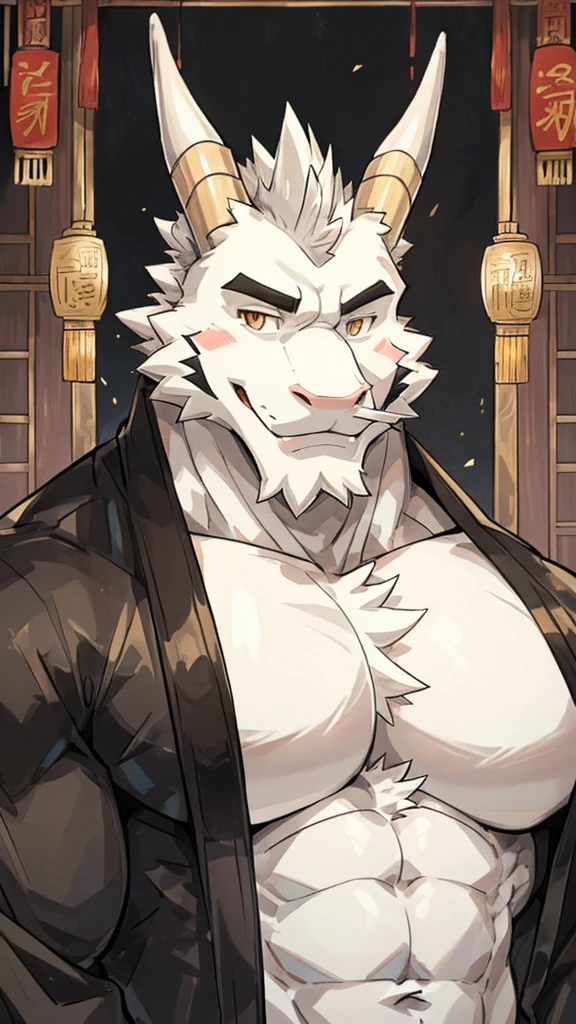 (white eastern dragon),furry,white mustache,big pecs,hearty males,muscular,black imperial robe,naked,adult,traditional_chinese_room,head portrait,hypnosis