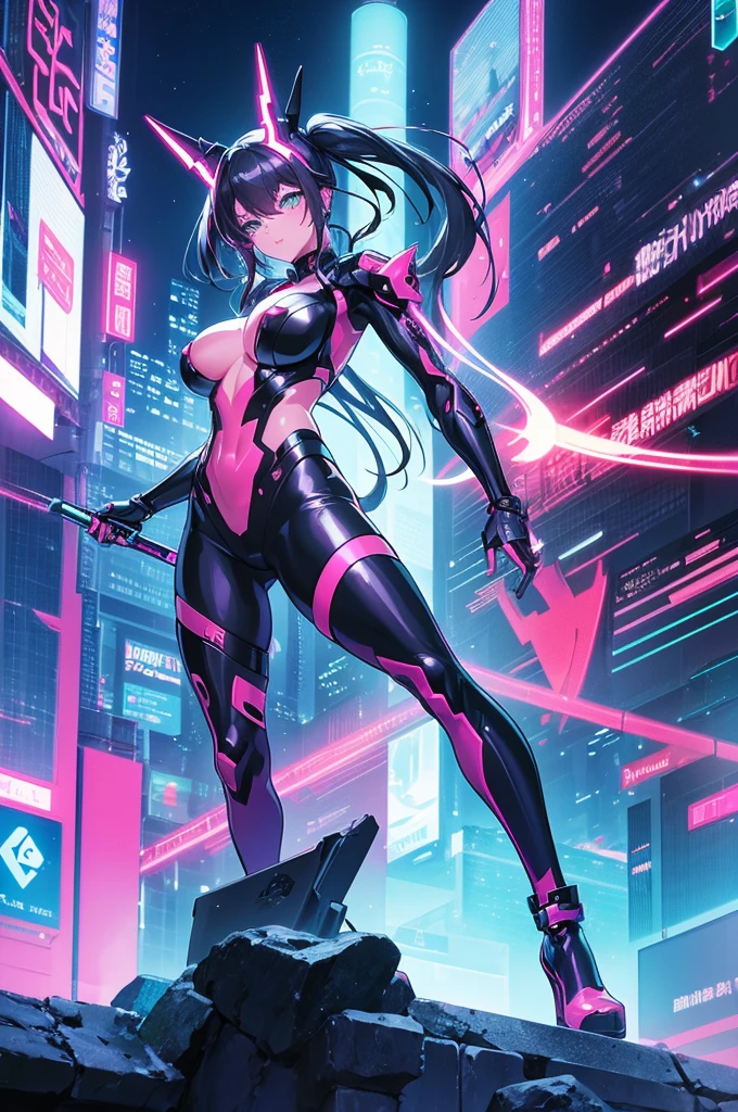 Highest quality, masterpiece, Ultra-high resolution,A woman standing on top of a building overlooking the city at night,Neon Town, cyber punk vibe, cyber punk art style, cyber punk vibes, digital cyber punk - anime art, cyber punk themed art, cyber punk anime art, digital cyber punk anime art, in cyber punk style, cyber punk artstyle, has cyber punk style, anime cyber punk art, in cyber punk city, cyber punk art, cyber punk))), cyber punk style, style of cyber punk
