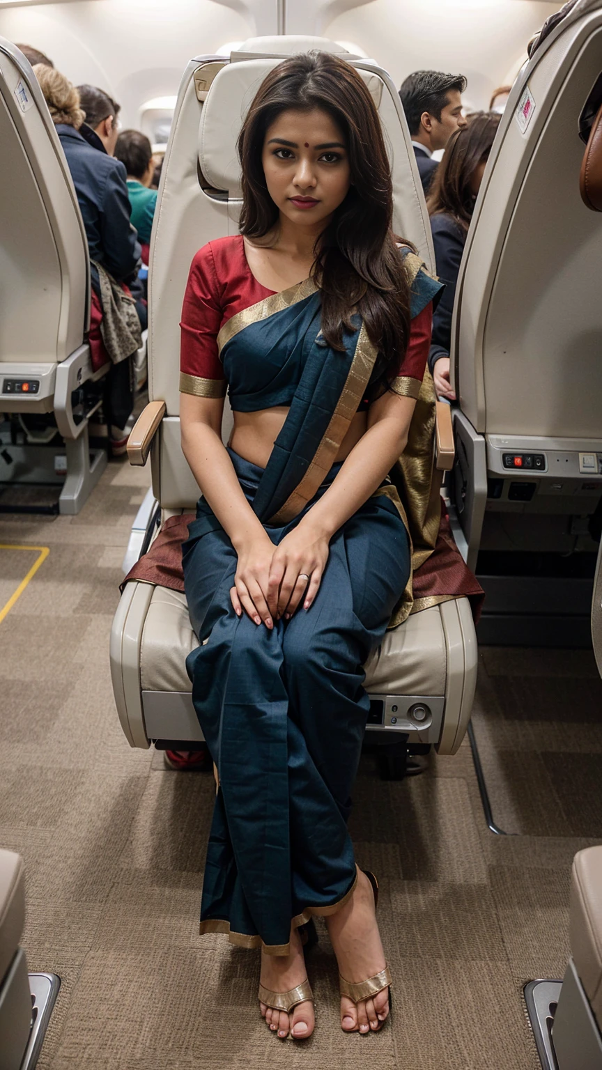 a beautiful woman wearing (saree:1) in plane, (full body:1), (sitting on seat:1.4), different positions, different poses,