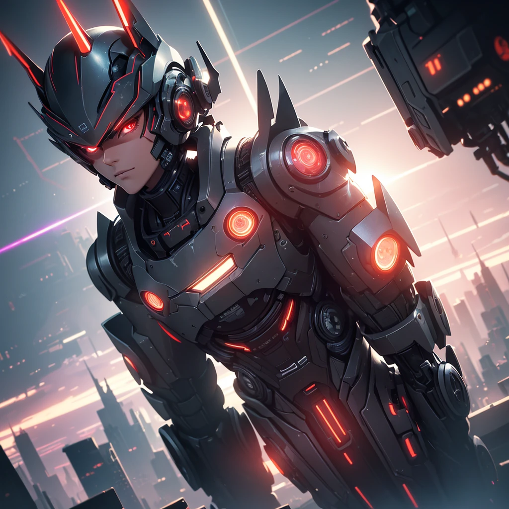 Character wearing futuristic cowboy hat, Mechanical right arm, Red Eyes, In the context of futurism, Dark grey hair, Movie Lighting, Theatrical atmosphere, (best quality,4K,8K,high resolution,masterpiece:1.2),Extremely detailed,(Practical,photoPractical,photo-Practical:1.37),Highly detailed face and features,Extremely detailed eyes and face,Long eyelashes,Intricate details,hyper Practical,Volumetric Lighting,Composition,Mood lighting,Dramatic shadows,Vibrant colors,Neon lights,Future Cityscape,Advanced technology,Steampunk,Science fiction,The art of math