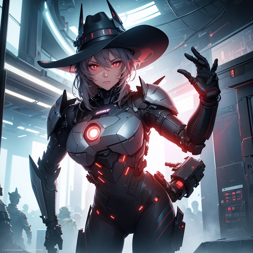Character wearing futuristic cowboy hat, Mechanical right arm, Red Eyes, In the context of futurism, Dark grey hair, Movie Lighting, Theatrical atmosphere, (best quality,4K,8K,high resolution,masterpiece:1.2),Extremely detailed,(Practical,photoPractical,photo-Practical:1.37),Highly detailed face and features,Extremely detailed eyes and face,Long eyelashes,Intricate details,hyper Practical,Volumetric Lighting,Composition,Mood lighting,Dramatic shadows,Vibrant colors,Neon lights,Future Cityscape,Advanced technology,Steampunk,Science fiction,The art of math