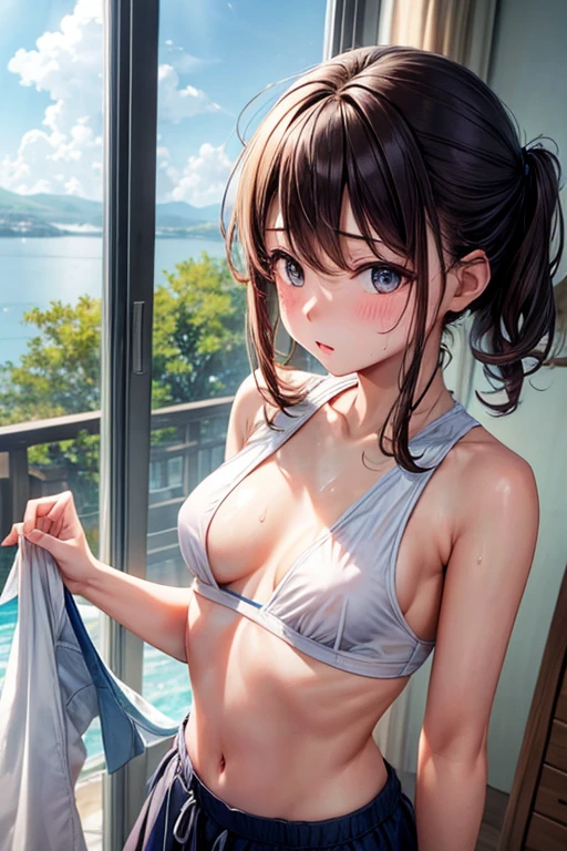Girl Sweat It's hot summer Overlooking Top view Direct sunlight Flapping the clothes around her chest Left facing Small breasts diagonal diagonal上