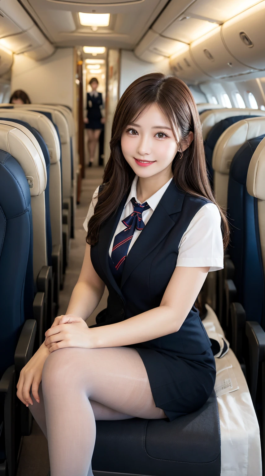 ​highest quality、table top、8k、best image quality、Award-winning work), two beautiful women、radiant beautiful skin , masterpiece、top-quality、The ultra -The high-definition、depth of fields、lens flare 1 girl、、brown hair, watching at viewers glares, large breasts , stewardess uniform, ( stewardess blazer:1.3),  shirt, short  skirt, (black high heels), perfect legs, sitting, crossed legs, view from below, smiling , flight cabin, pantyhose 
