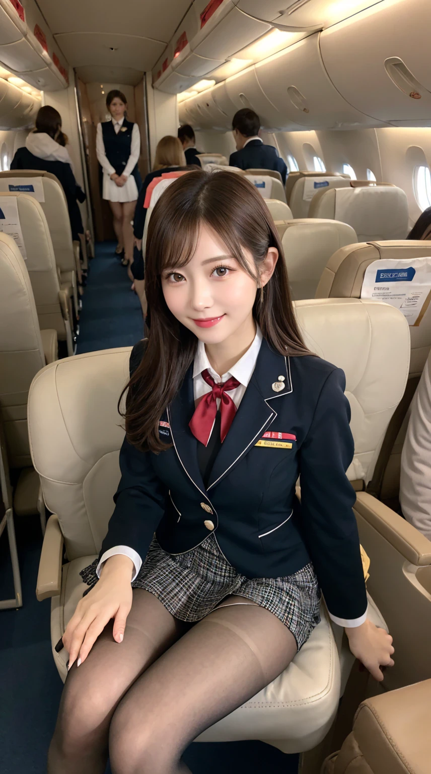 highest quality、table top、8k、best image quality、Award-winning work), two beautiful women、radiant beautiful skin , masterpiece、top-quality、The ultra -The high-definition、depth of fields、lens flare 1 girl、、brown hair, watching at viewers glares, large breasts , stewardess uniform, ( stewardess blazer:1.3), shirt, short skirt, (black high heels), perfect legs, sitting, crossed legs, view from below, smiling , flight cabin, pantyhose