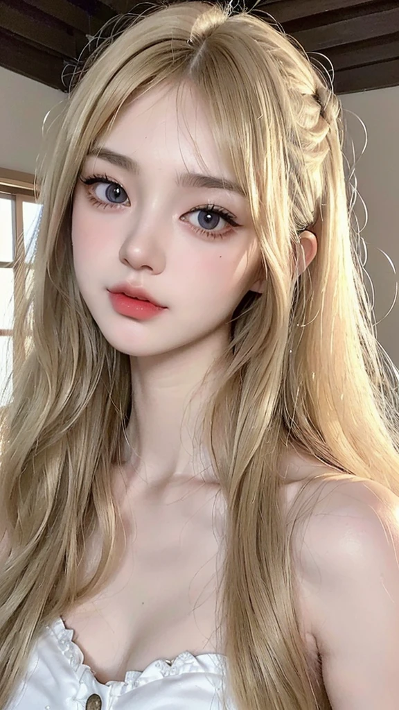 (((ultra realistic))) Photo, masterpiece, top quality, (pale skin), (Ultra detailed face and eyes:1.3), 1 girl, full body, ((full detailed pouty lips)), ((dark blonde wavy hair)), (Natural breasts), Slim waist. ((Posing)), photoshoot, studio (soft lighting), (The play of light and shadows), (special attention to skin detail: 1.2), ((blunt bangs 1.2)), ((very long blonde hair)), ((big cat round eyes)), ((Korean Girl)), ((heart shaped face)), ((short chin)), ((v-shaped jawline)), wearing a white dress, ((pale white almost traslucent skin)), ((light brown eyes color)), ((tiny button upturned nose)), ((long eyelashes 1.3)), ((detailed eyes texture 1.3)), ((tiny face size))