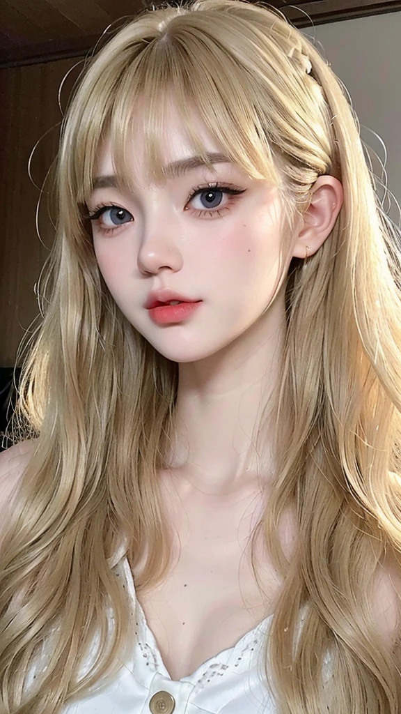 (((ultra realistic))) Photo, masterpiece, top quality, (pale skin), (Ultra detailed face and eyes:1.3), 1 girl, full body, ((full detailed pouty lips)), ((dark blonde wavy hair)), (Natural breasts), Slim waist. ((Posing)), photoshoot, studio (soft lighting), (The play of light and shadows), (special attention to skin detail: 1.2), ((blunt bangs 1.2)), ((very long blonde hair)), ((big cat round eyes)), ((Korean Girl)), ((heart shaped face)), ((short chin)), ((v-shaped jawline)), wearing a white dress, ((pale white almost traslucent skin)), ((light brown eyes color)), ((tiny button upturned nose)), ((long eyelashes 1.3)), ((detailed eyes texture 1.3)), ((tiny face size))