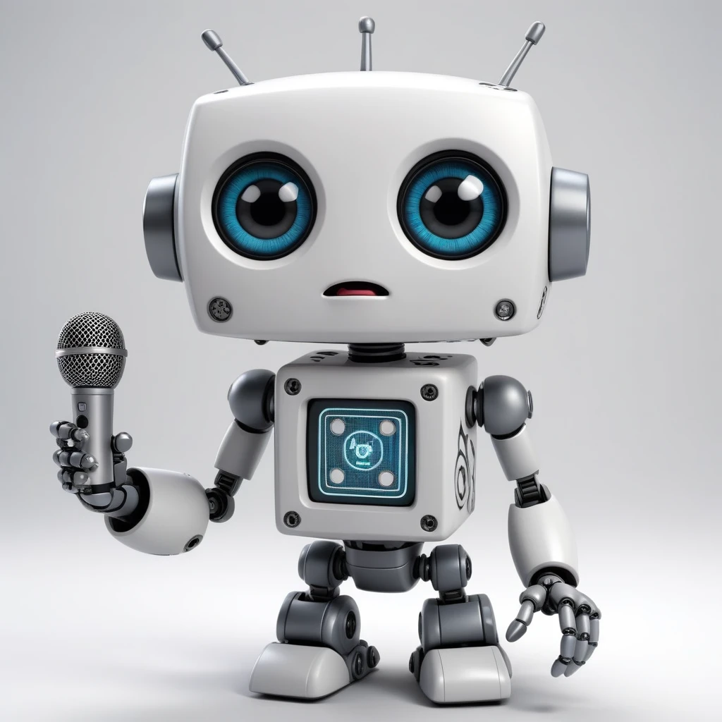 「Lost in the digital world」、A cartoon-style robot with a dice motif,Big eyes,antenna,Blank electronic display panel on chest、Holding the microphone close to his mouth while speaking